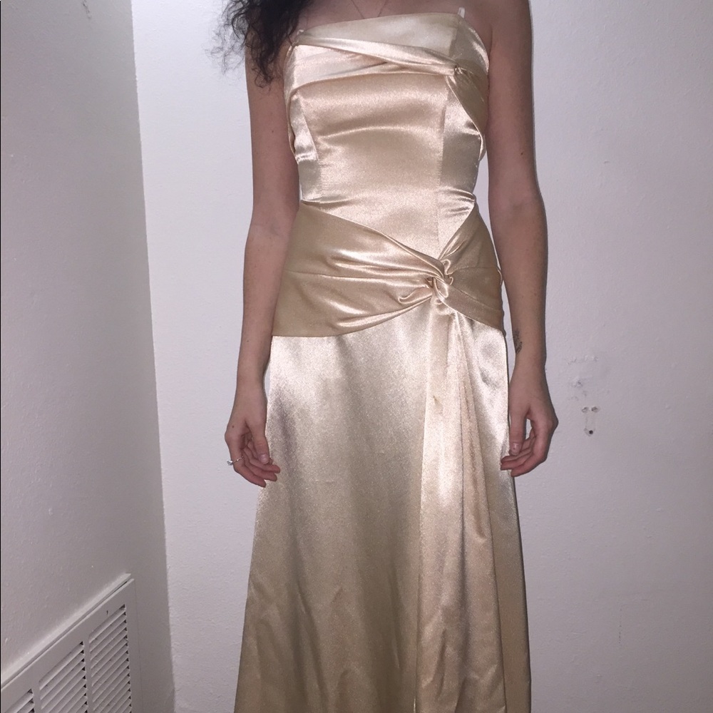 Gold strapless floor length Rebecca Pageant Dress